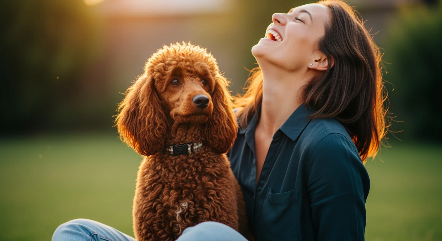 Caniche rouge avec sa proprietaire dans un jardin
