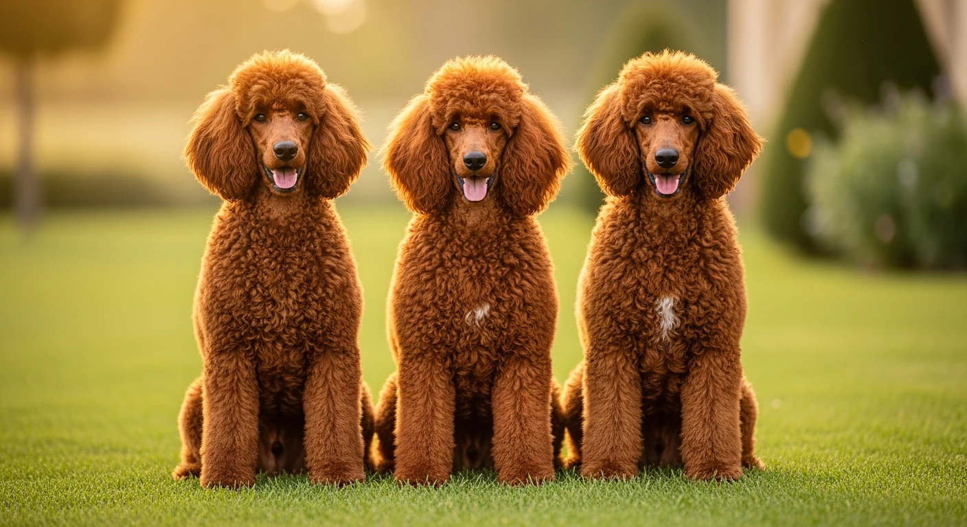 Trois caniches rouges dans un jardin, nuances d'acajou et cuivré