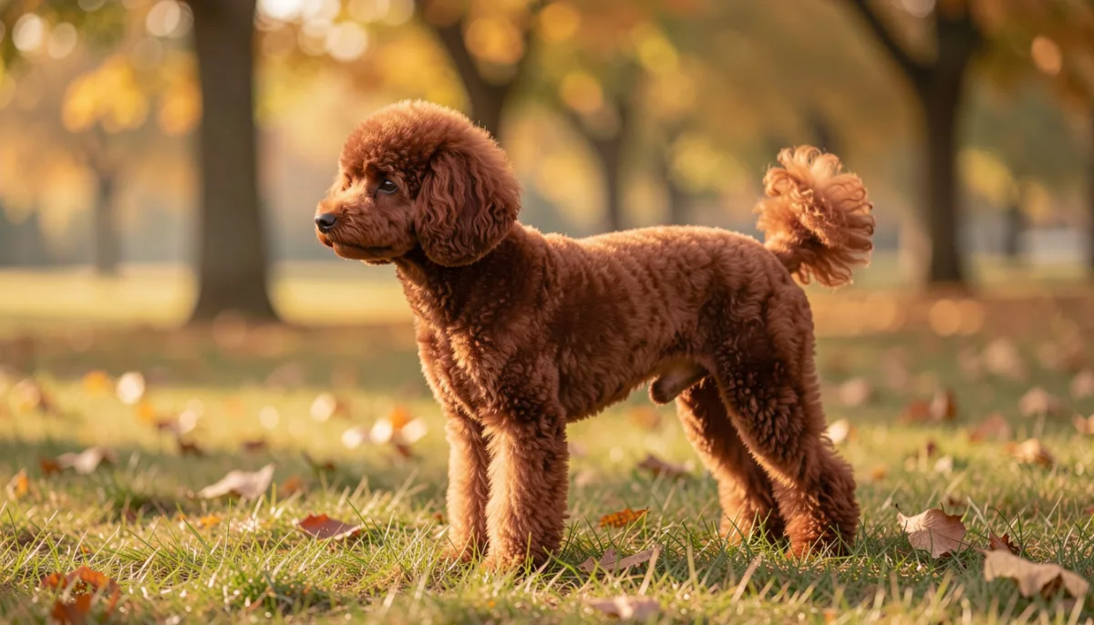 Caniche à la robe rouge acajou frisée debout sur l'herbe d'un parc en automne, truffe brun foncé, lumière dorée