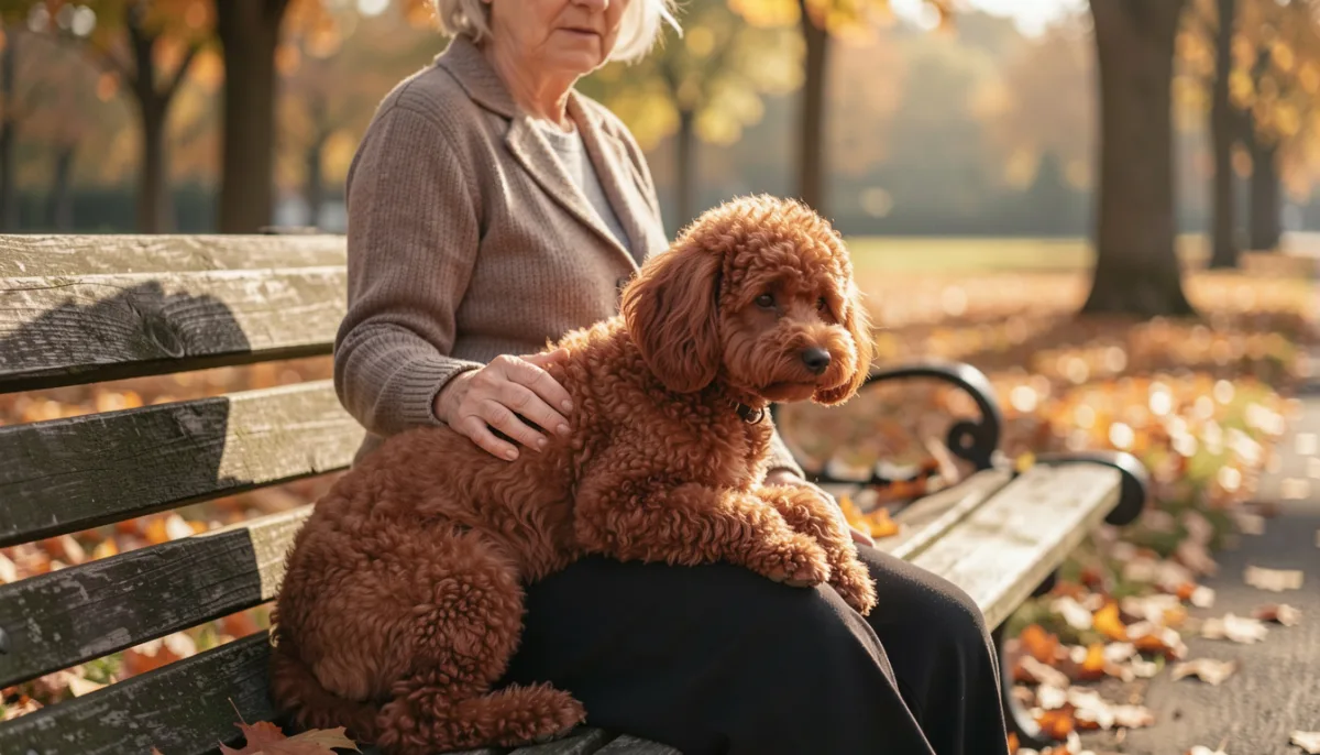 Femme âgée assise sur un banc de parc en automne, un caniche rouge frisé couché sur ses genoux, la main posée sur son dos